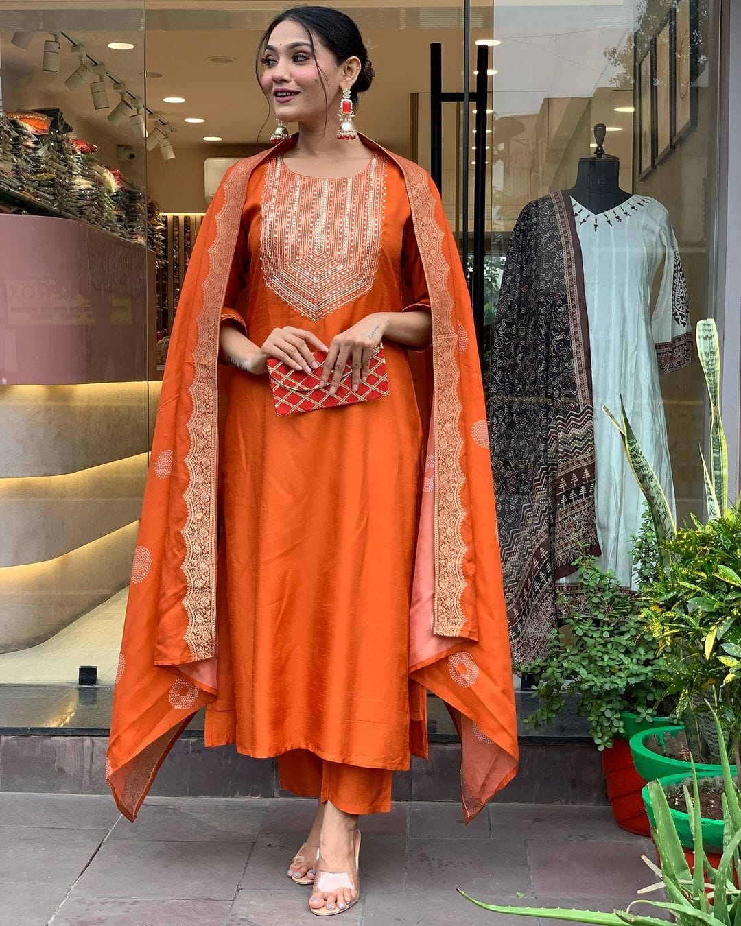 Silk Embroidered Orange Kurta Set