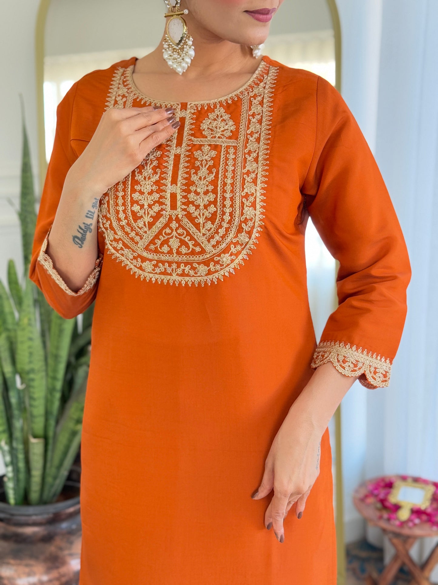 Rust Orange Embroidered Kurta Set with Floral Dupatta