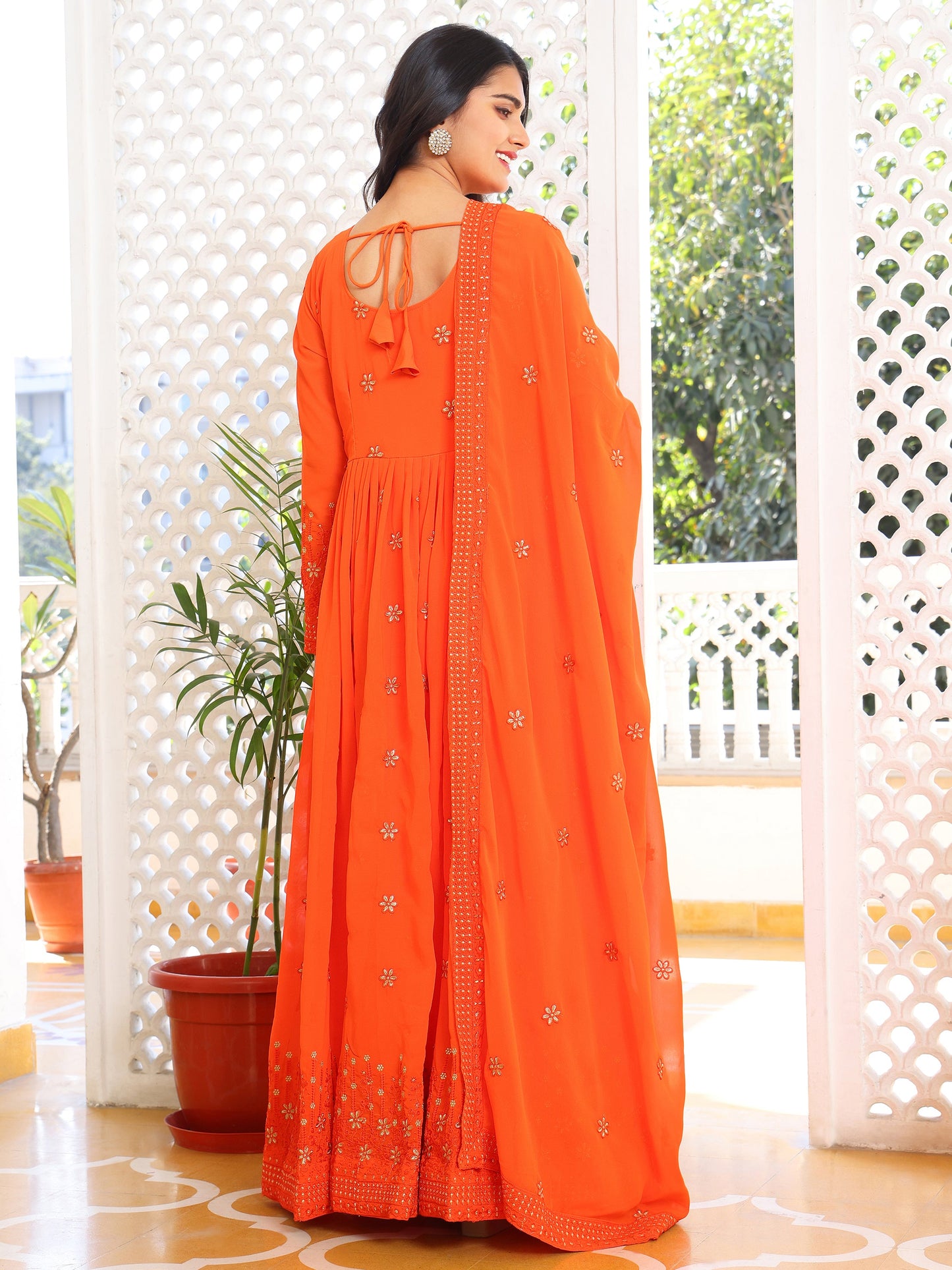Party Wear Embroidered Orange Gown Set