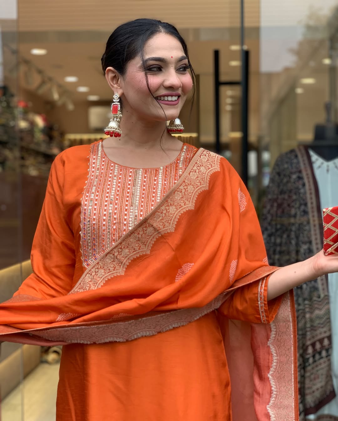 Silk Embroidered Orange Kurta Set
