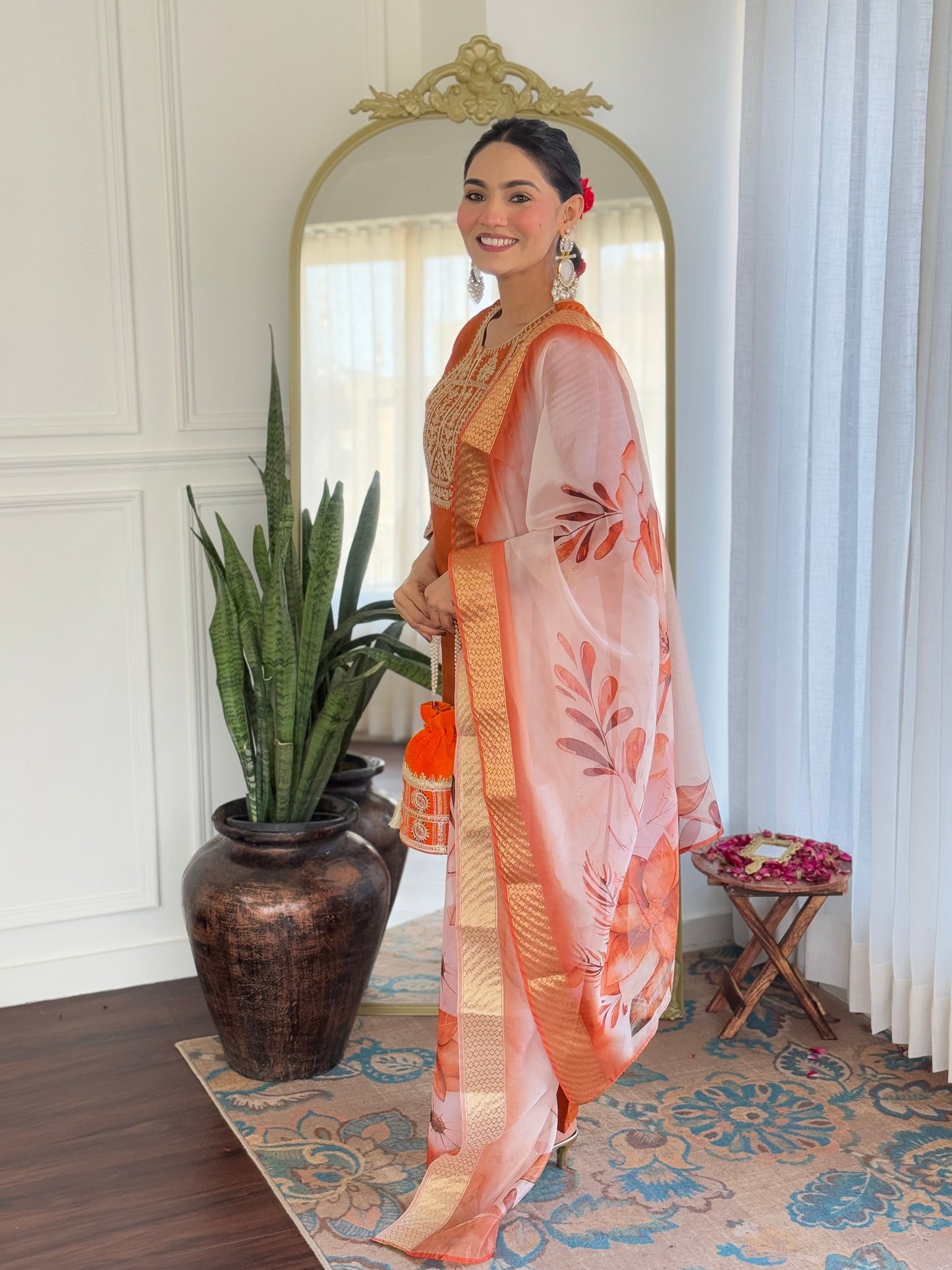Rust Orange Embroidered Kurta Set with Floral Dupatta