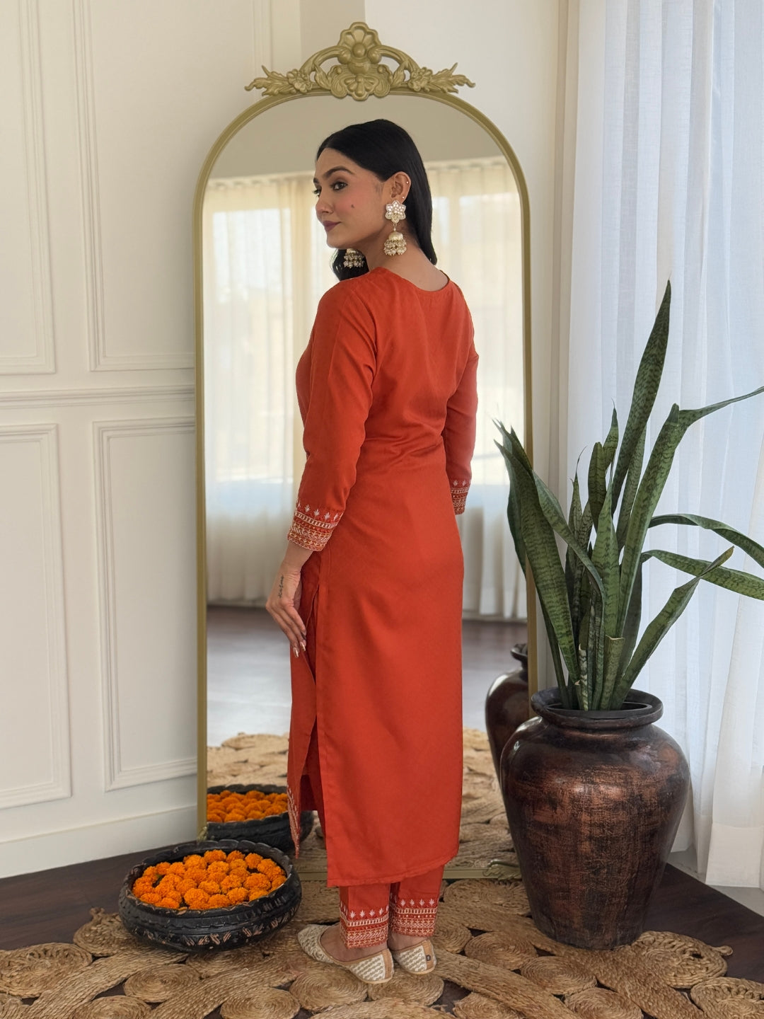 Saffron Bloom Orange Kurta Set For Festivals