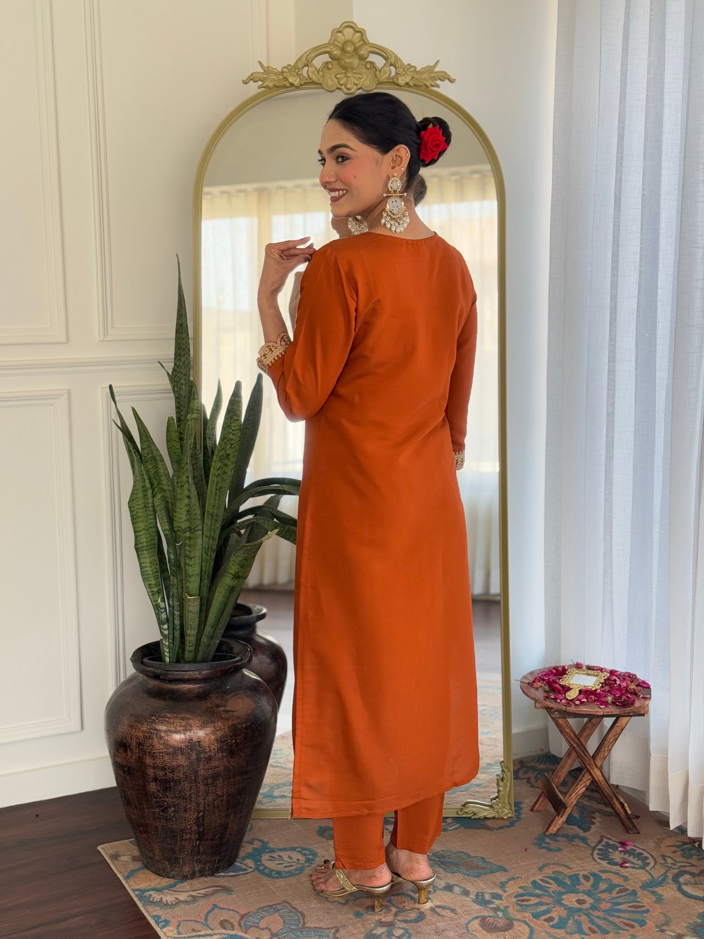 Rust Orange Embroidered Kurta Set with Floral Dupatta