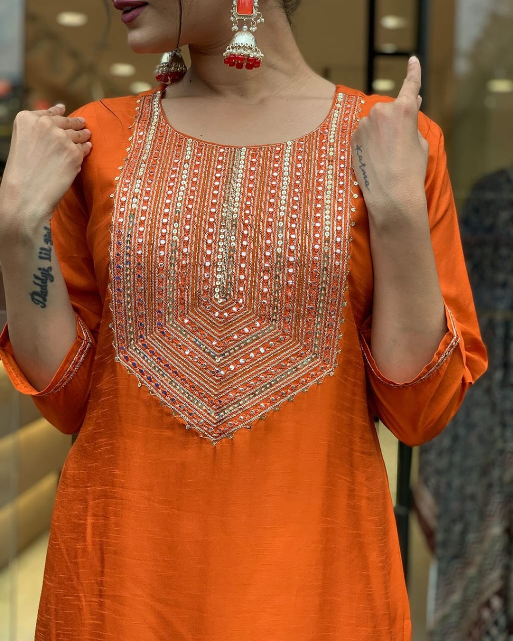 Silk Embroidered Orange Kurta Set