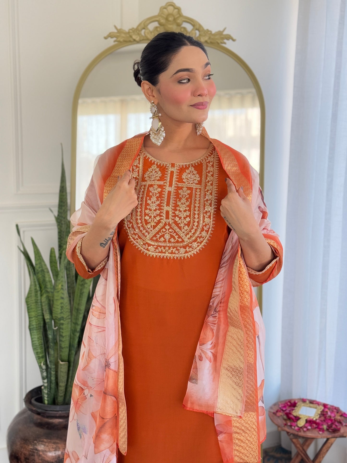 Rust Orange Embroidered Kurta Set with Floral Dupatta