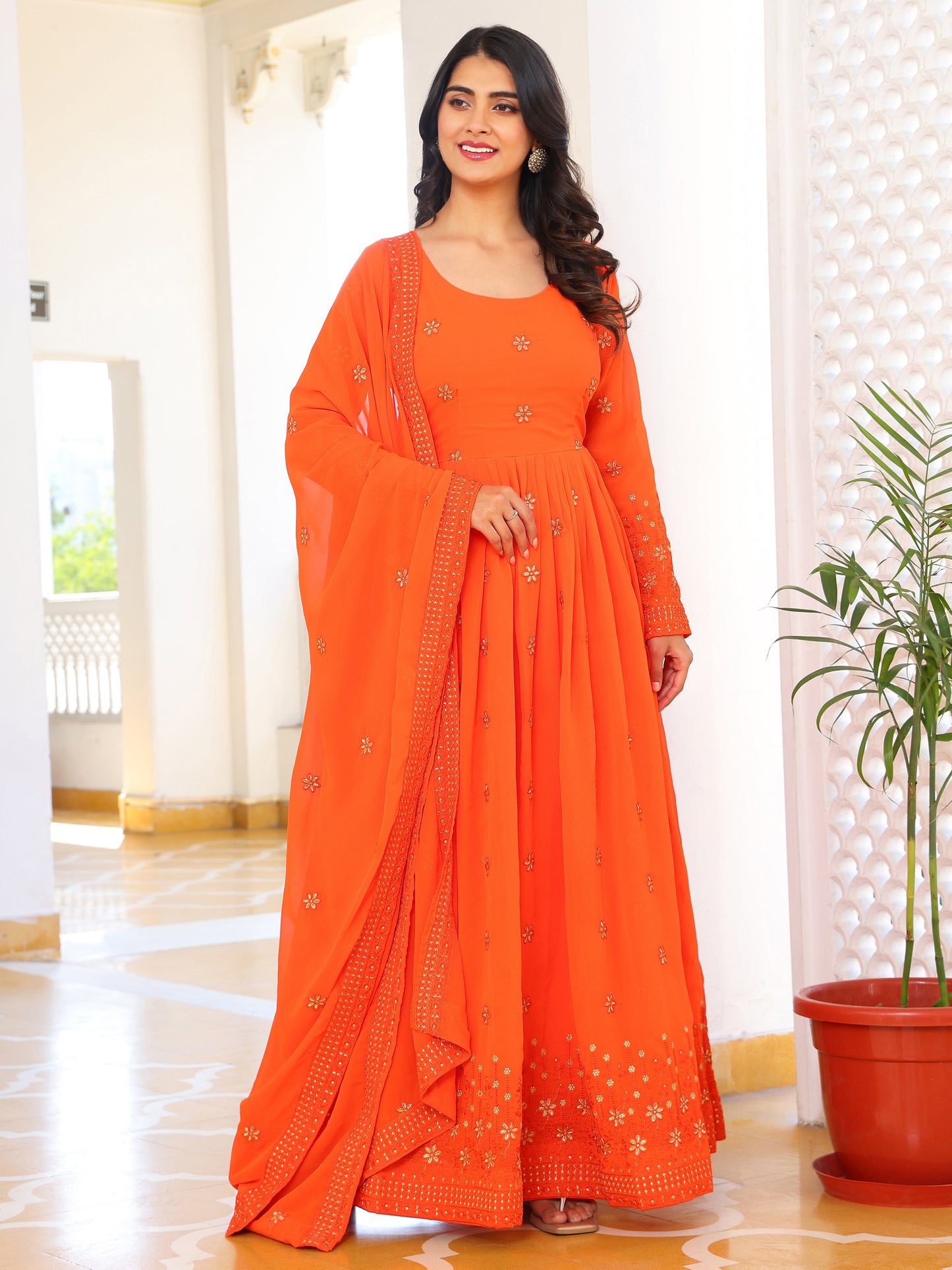 Party Wear Embroidered Orange Gown Set