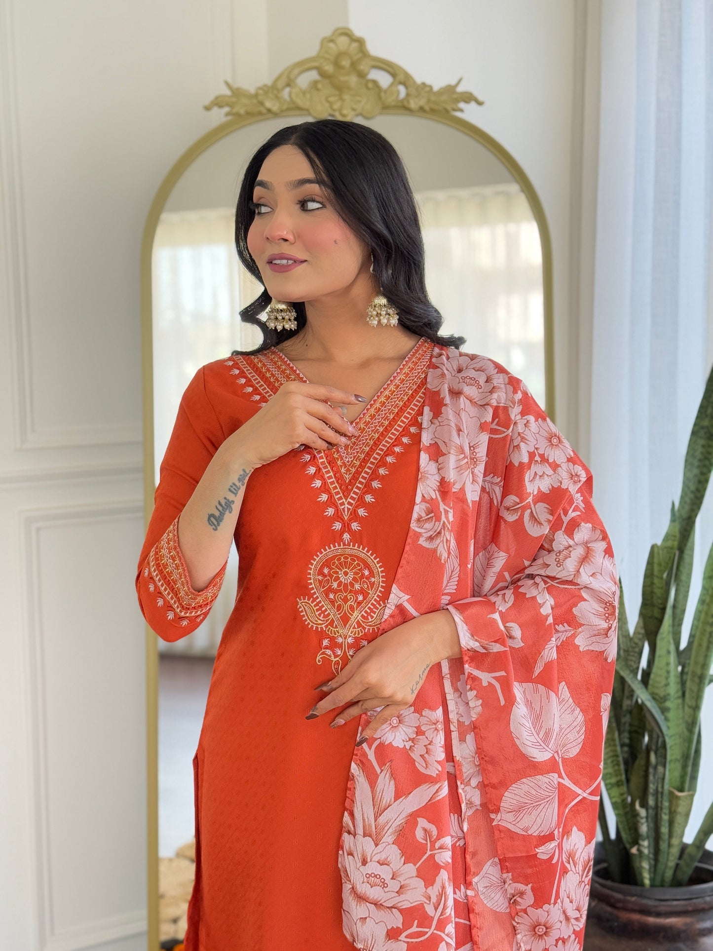 Saffron Bloom Orange Kurta Set For Festivals