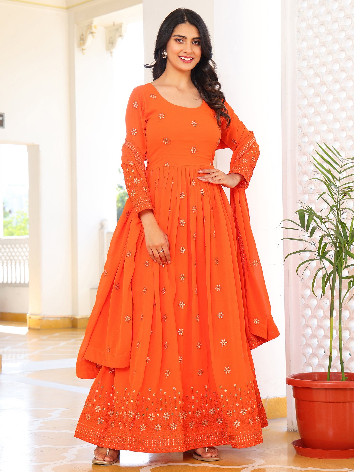 Party Wear Embroidered Orange Gown Set