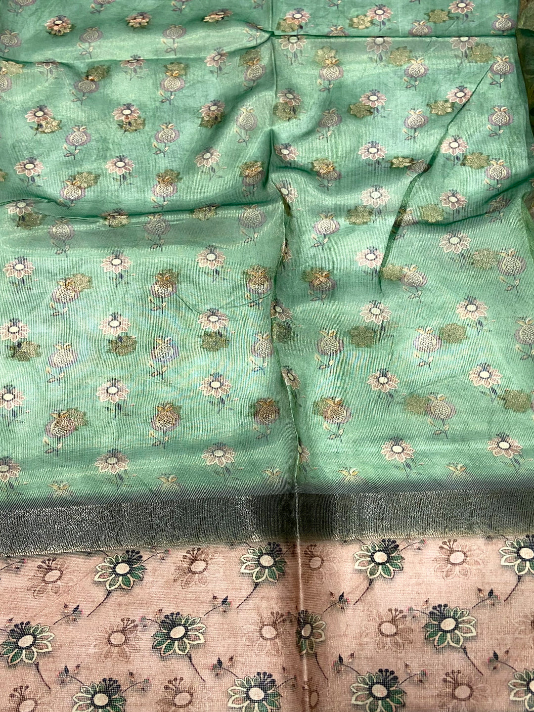 Olive Floral Satin Bentex Border Saree by My Store
