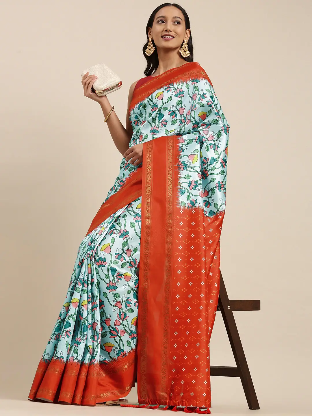 Soft Silk Kalamkari Digital Print Sky Blue Colour Saree by My Store