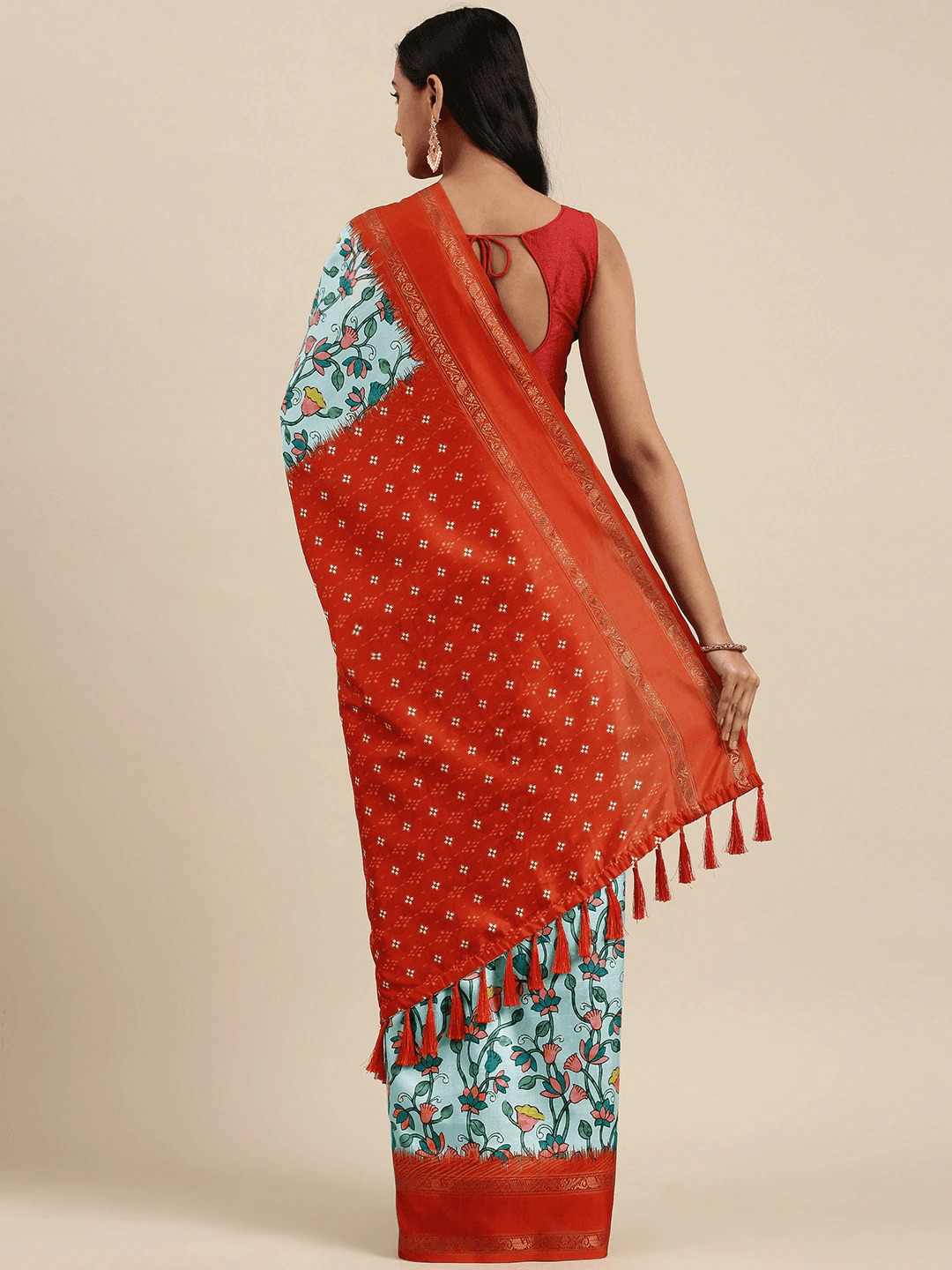 Soft Silk Kalamkari Digital Print Sky Blue Colour Saree by My Store