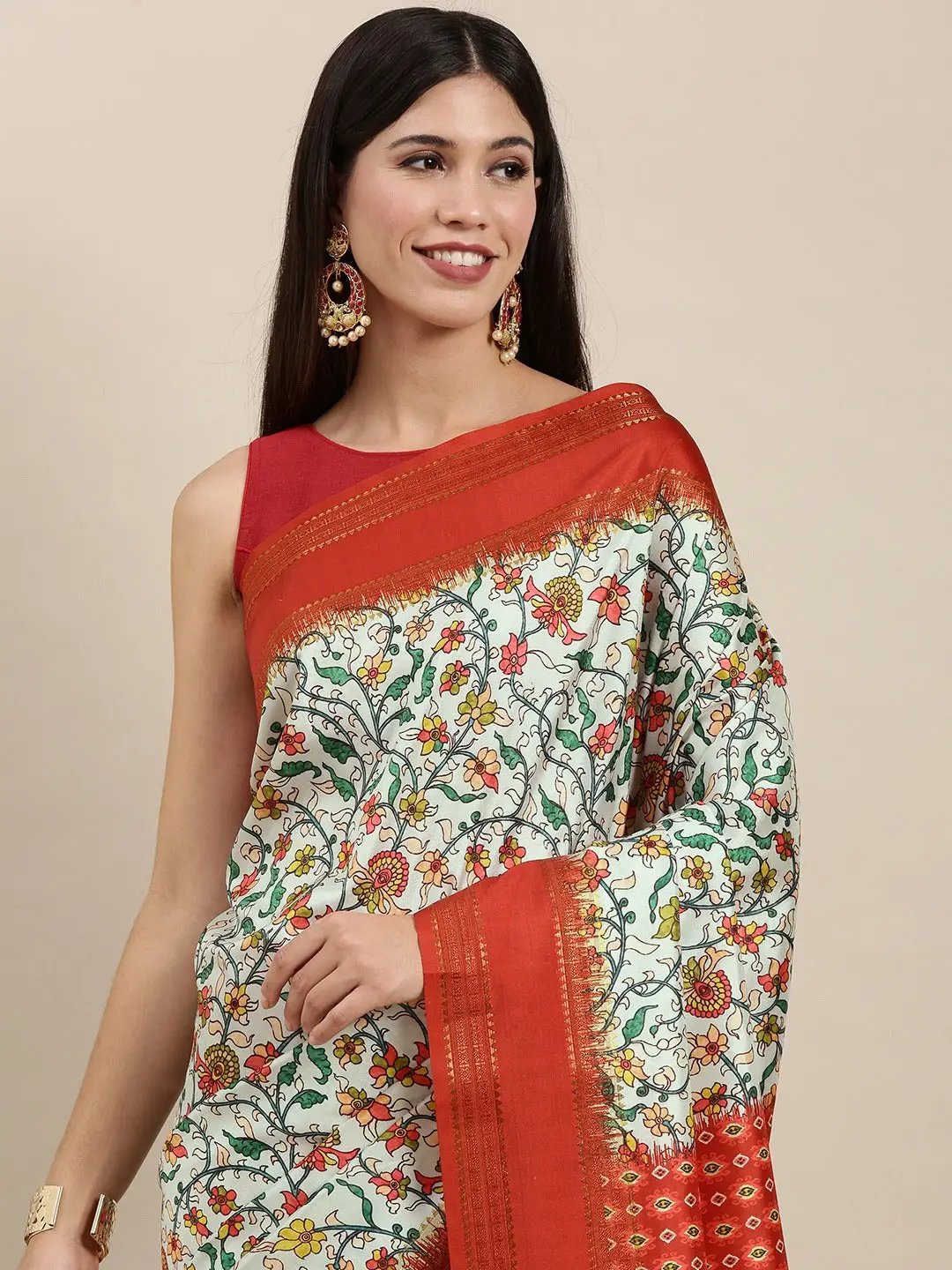 Soft Silk Kalamkari Digital Print Festive Green Colour Saree by My Store