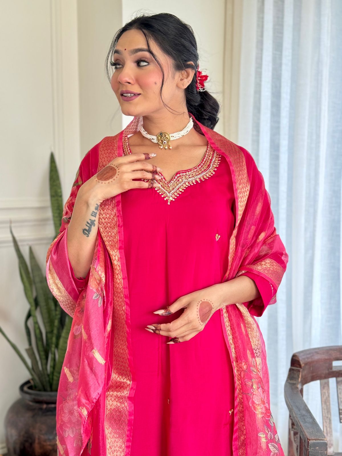 Silk Embroidered Pink Kurta Set
