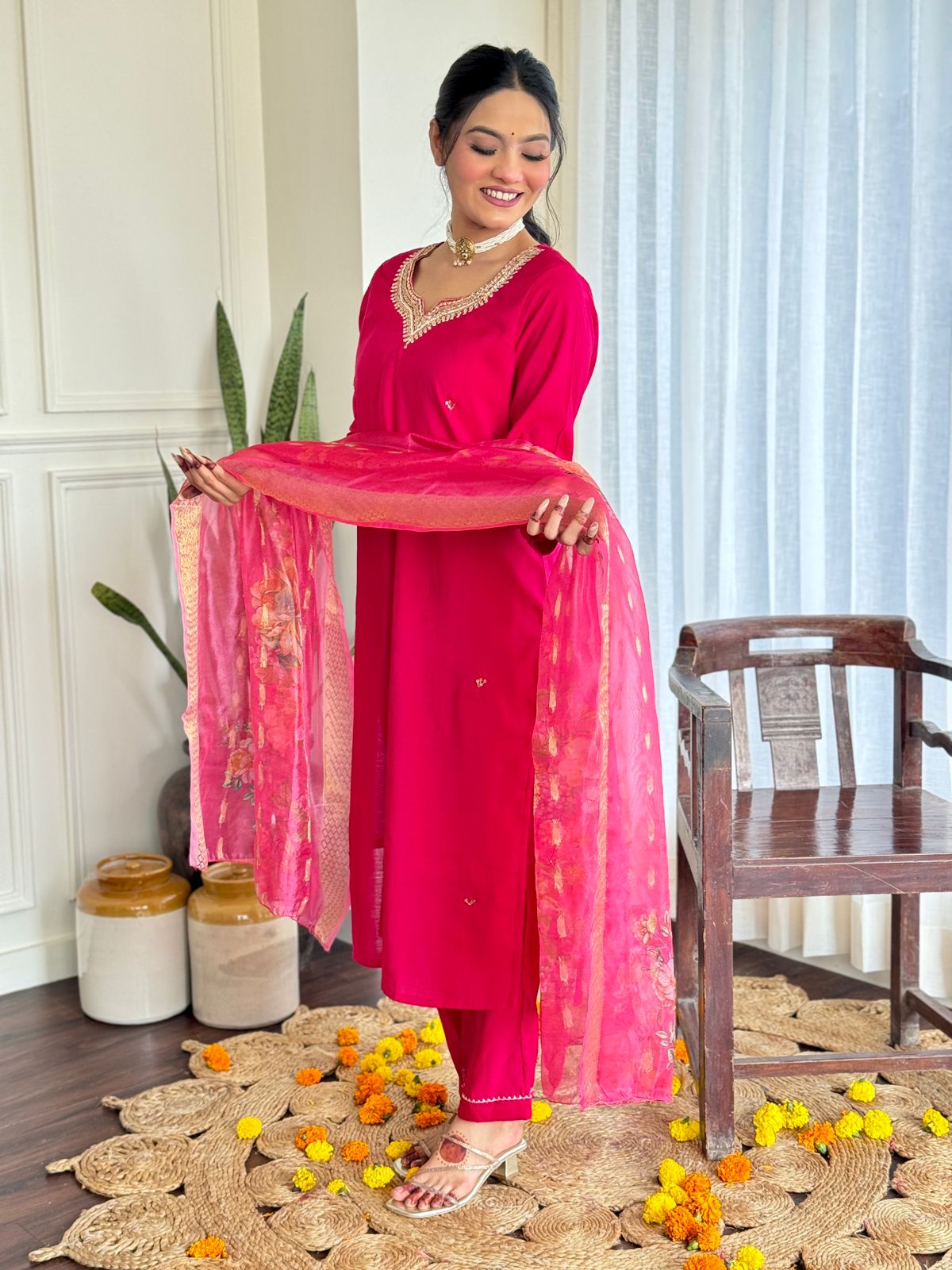 Silk Embroidered Pink Kurta Set
