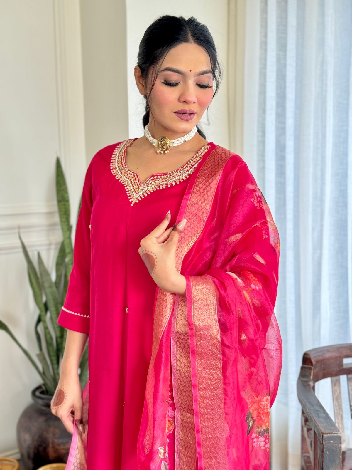 Silk Embroidered Pink Kurta Set