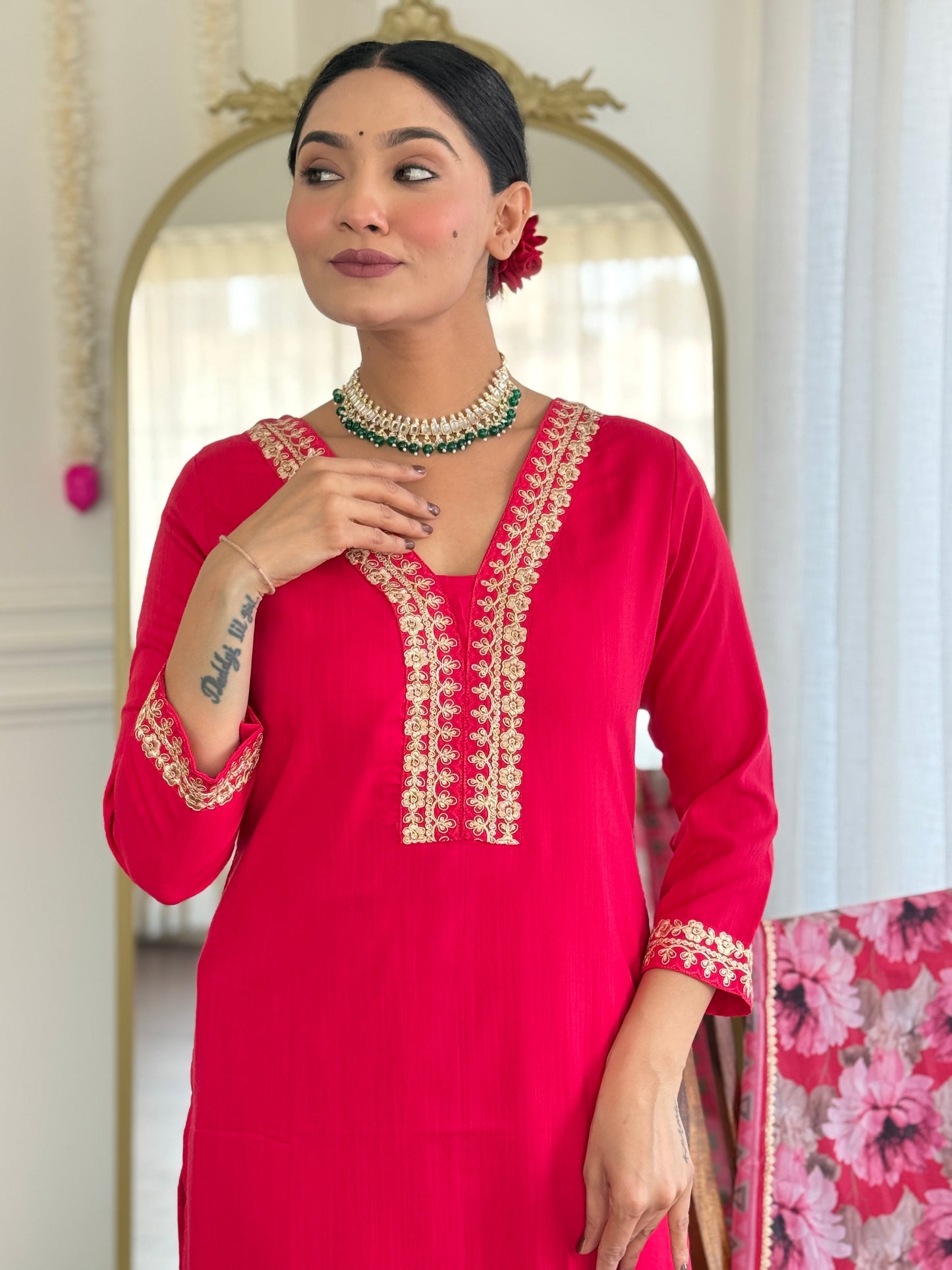 Women's Silk Blend Straight Embroidered Kurta with Pant & Dupatta