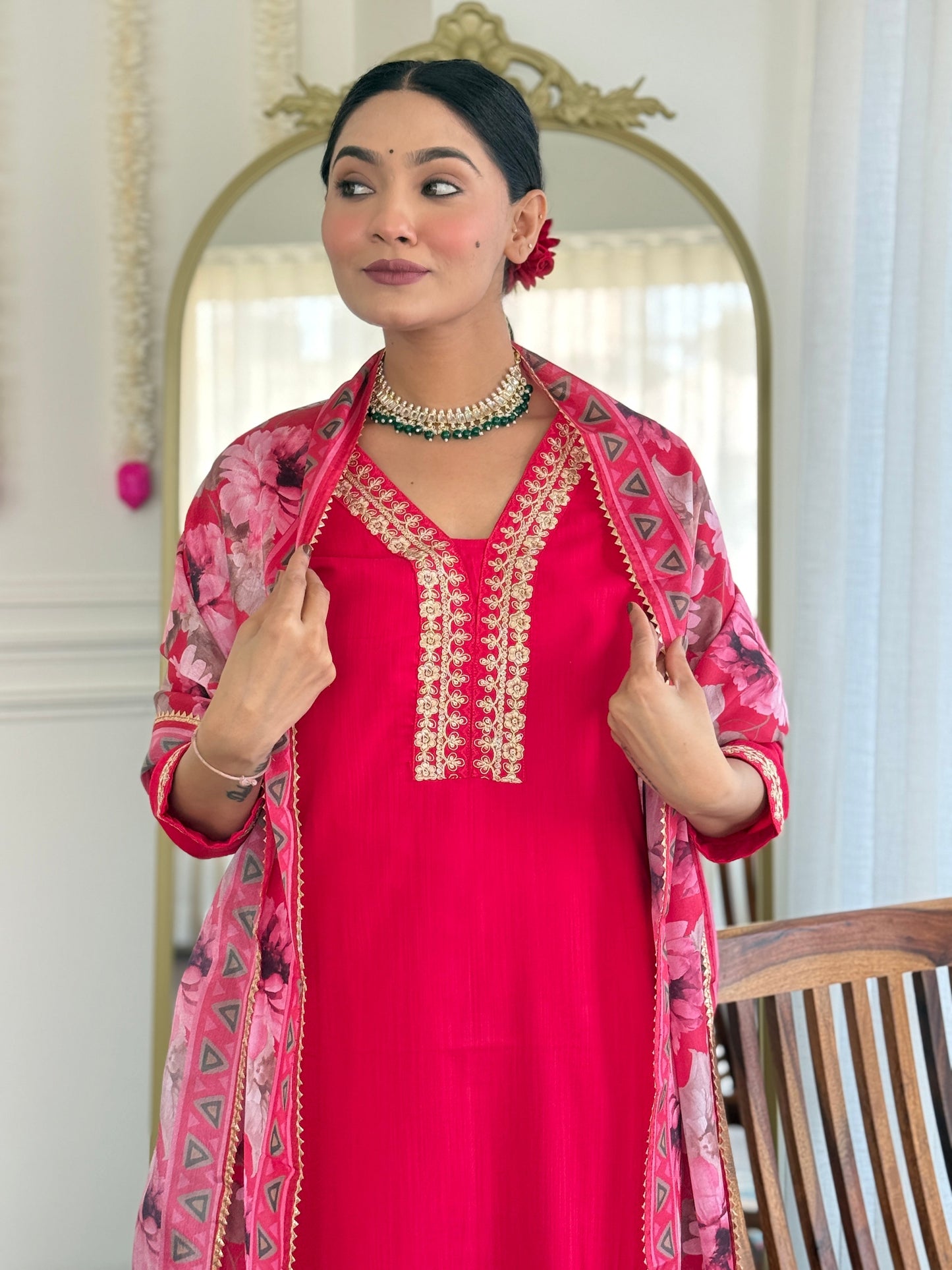 Women's Silk Blend Straight Embroidered Kurta with Pant & Dupatta