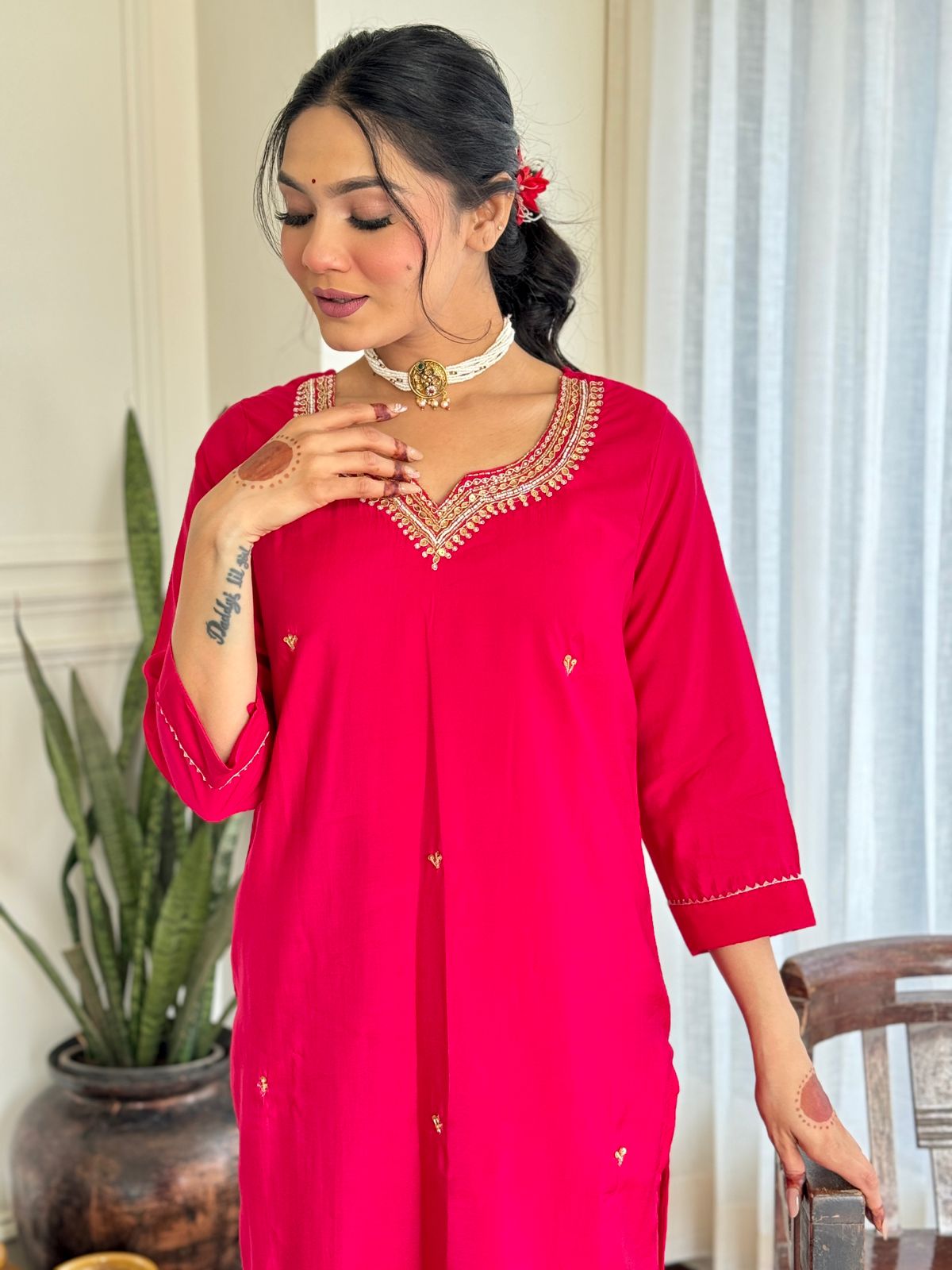 Silk Embroidered Pink Kurta Set