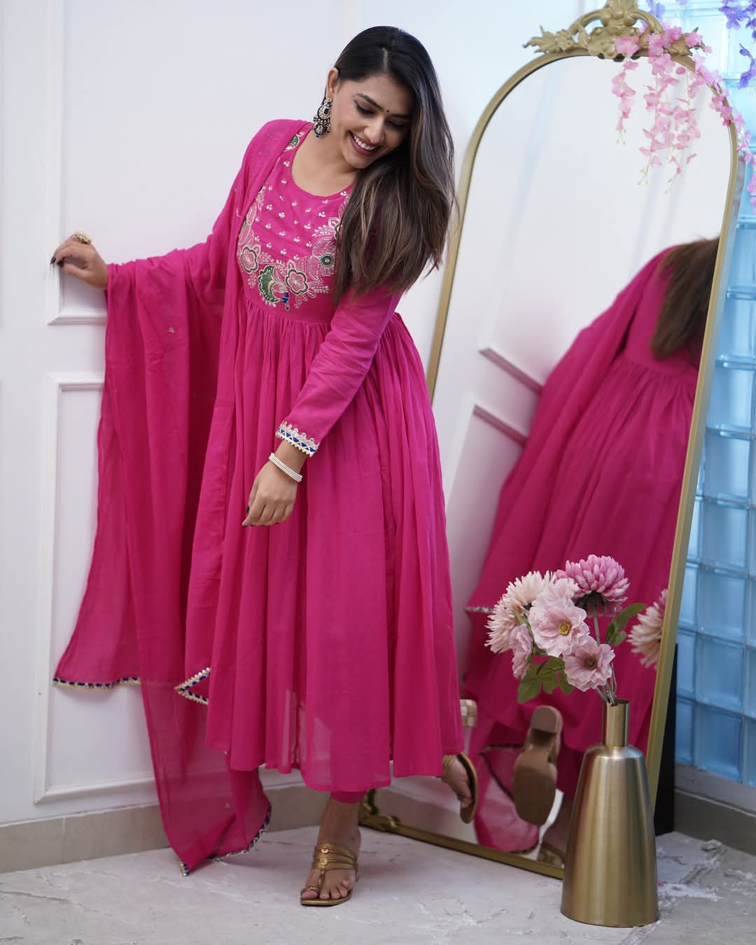 Festival Wear Chinon Pink Kurta Set