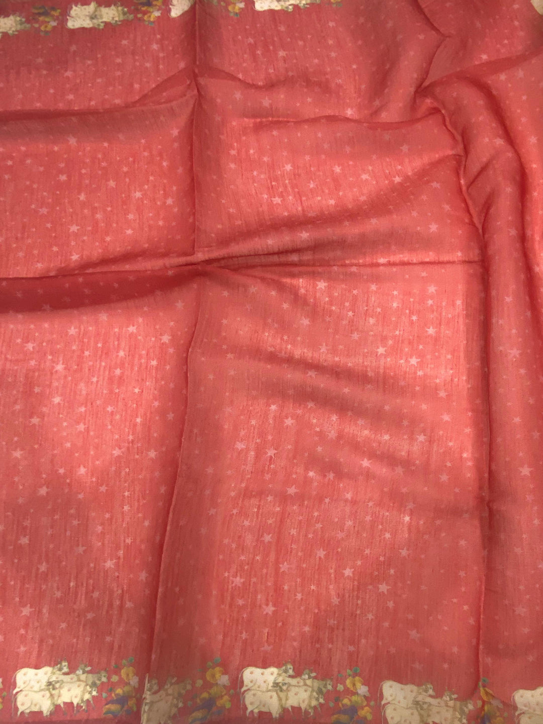 Red Chanderi Pichwai Print Saree by My Store