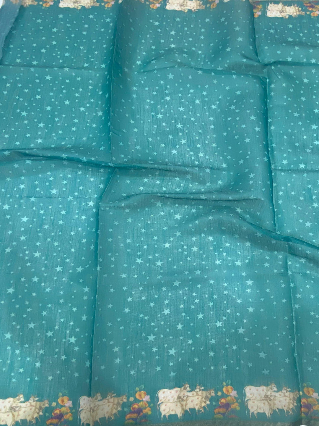 Sky Blue Chanderi Pichwai Print Saree by My Store
