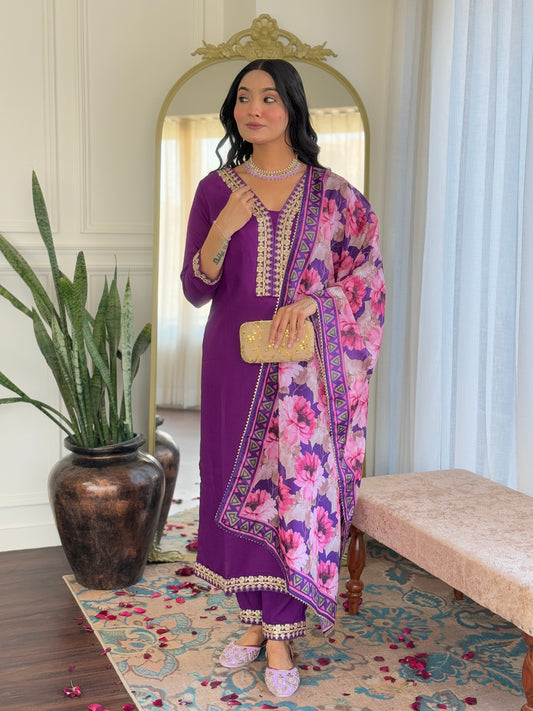Luxrious Purple Kurta Set with Dupatta and Bottom