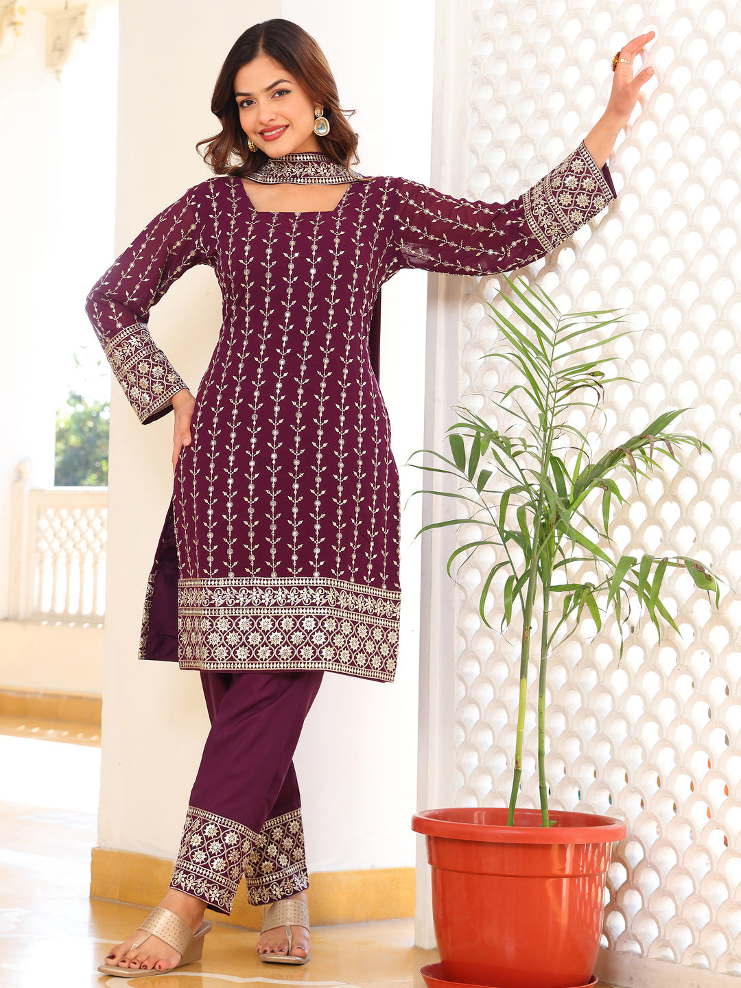 Georgette Party Wear Purple Kurta Set