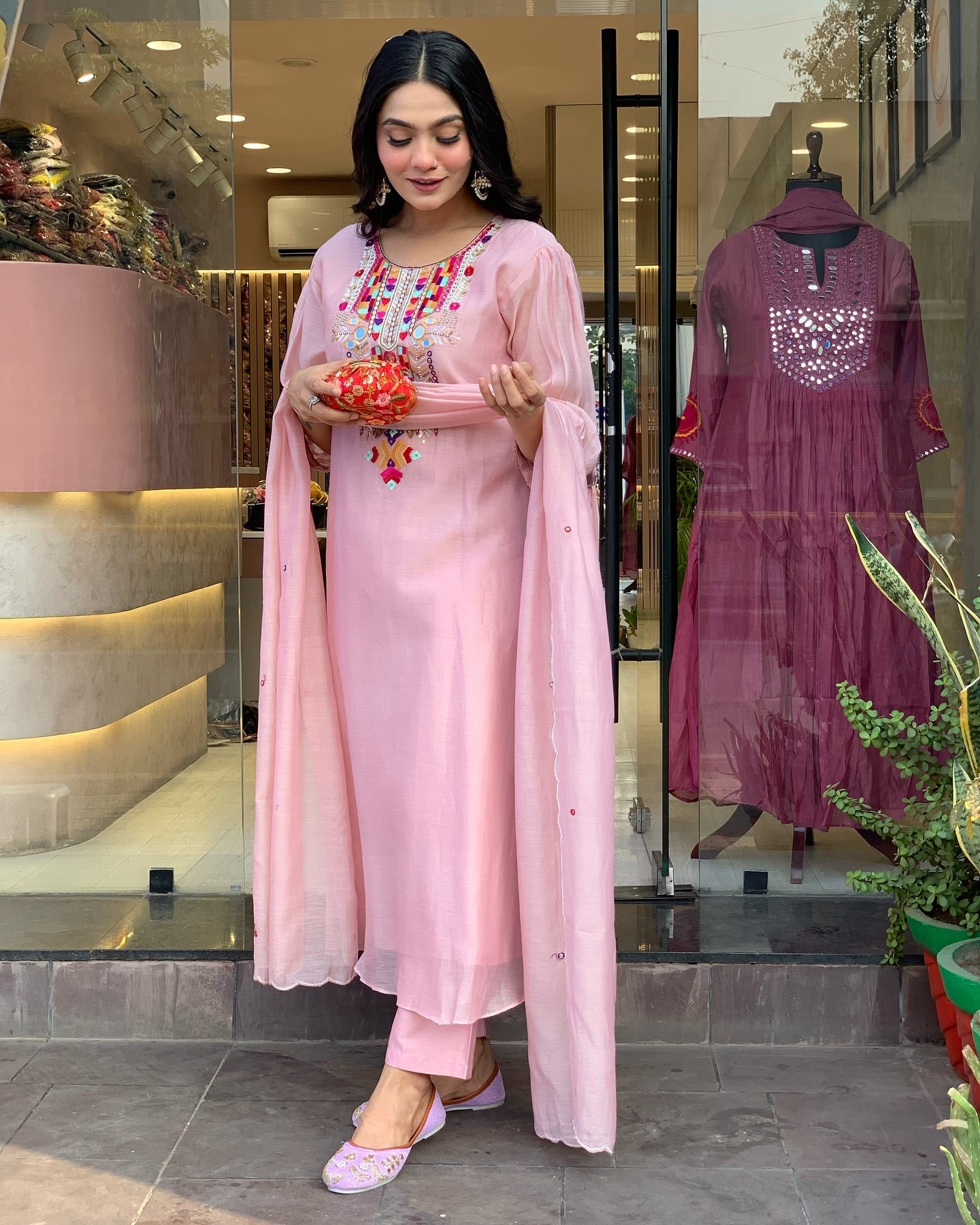 Charming Pink Embroidered Kurta Set with Sheer Dupatta