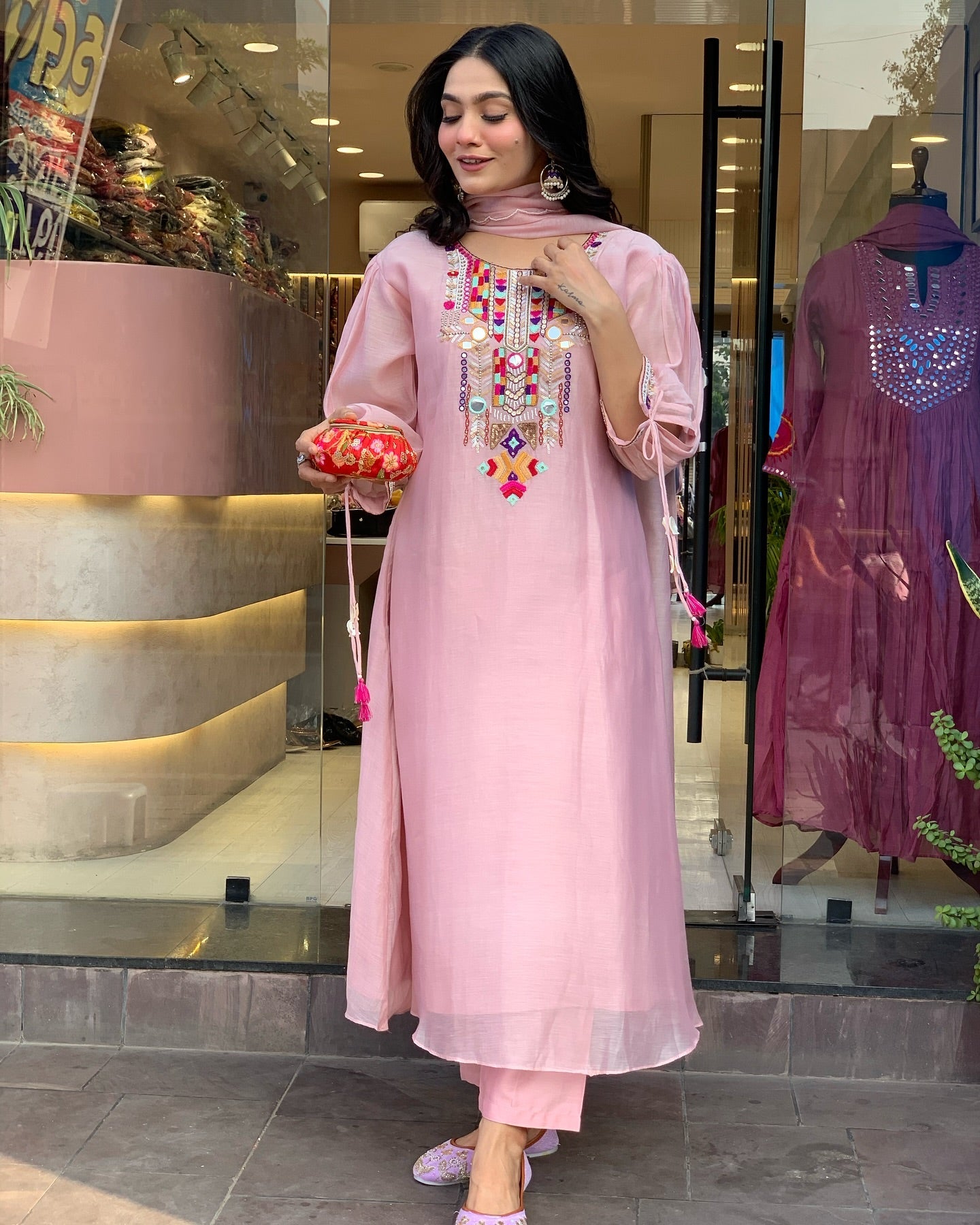 Charming Pink Embroidered Kurta Set with Sheer Dupatta