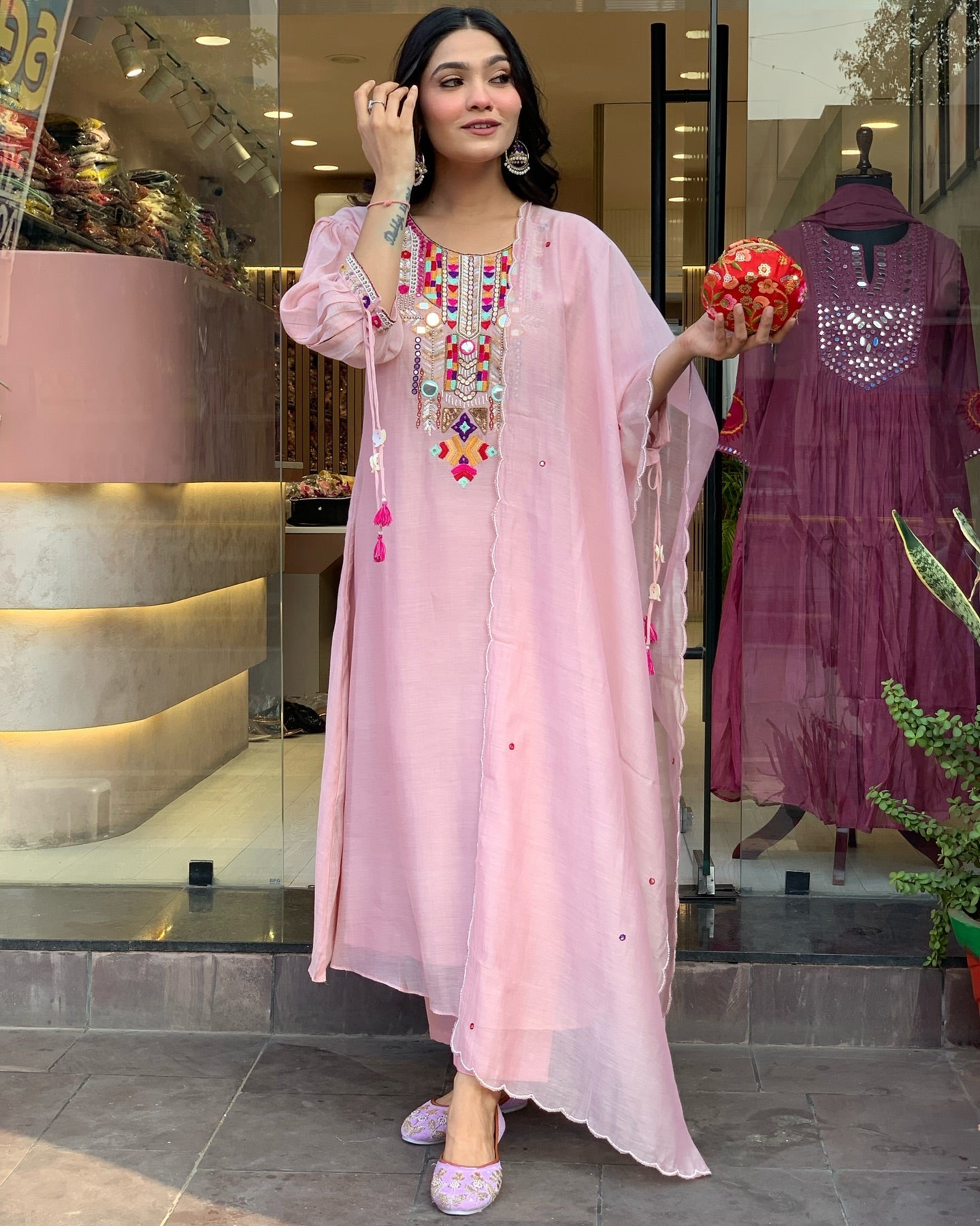 Charming Pink Embroidered Kurta Set with Sheer Dupatta