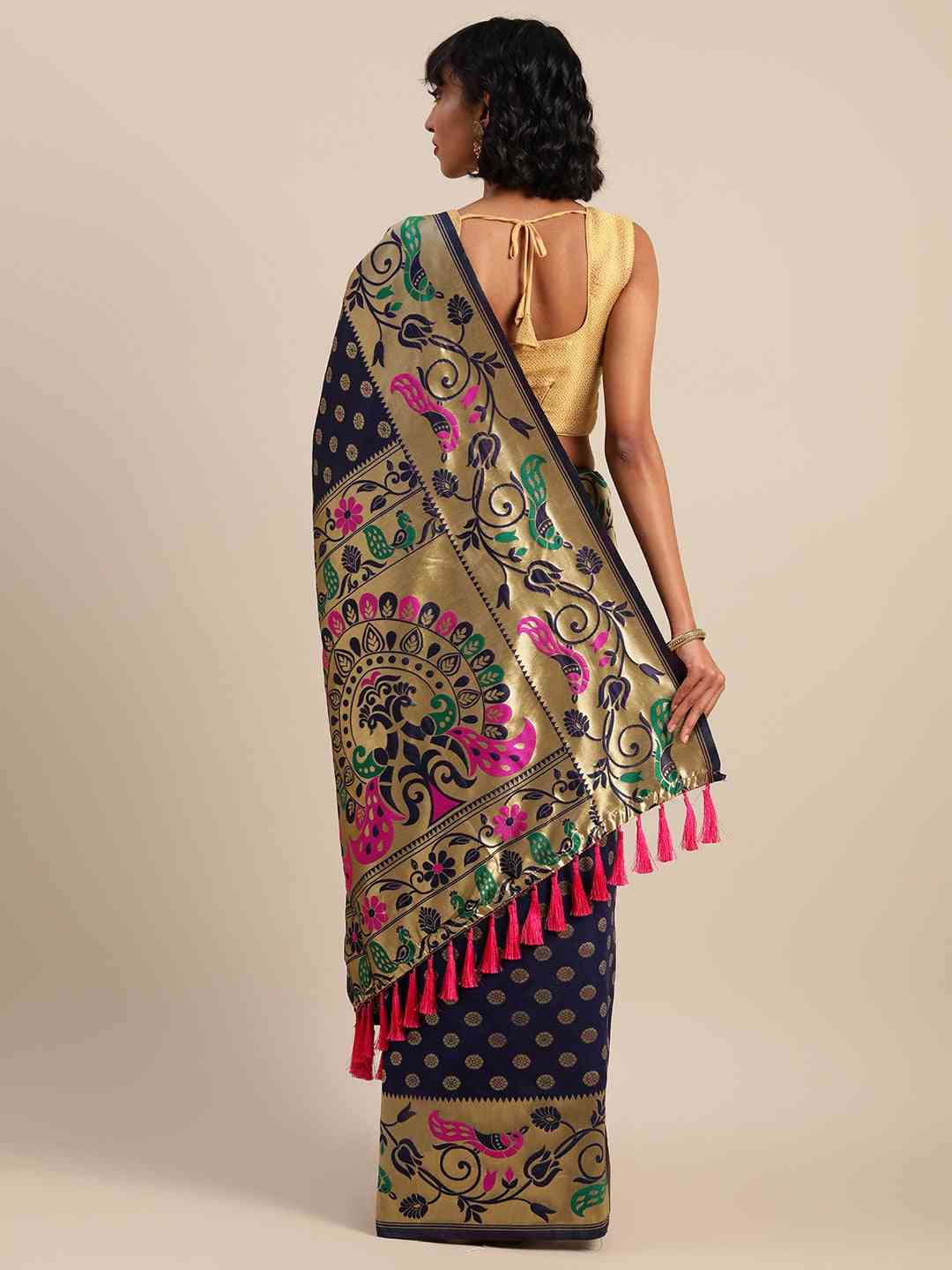 Stylish Navy Blue Colour Silk Banarasi Saree With Woven Design by My Store