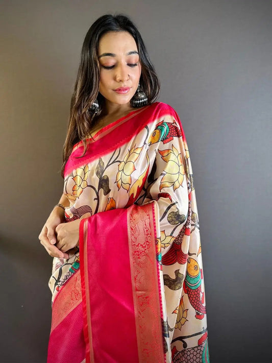 Ivory Silk Symphony Kalmkari Saree by My Store