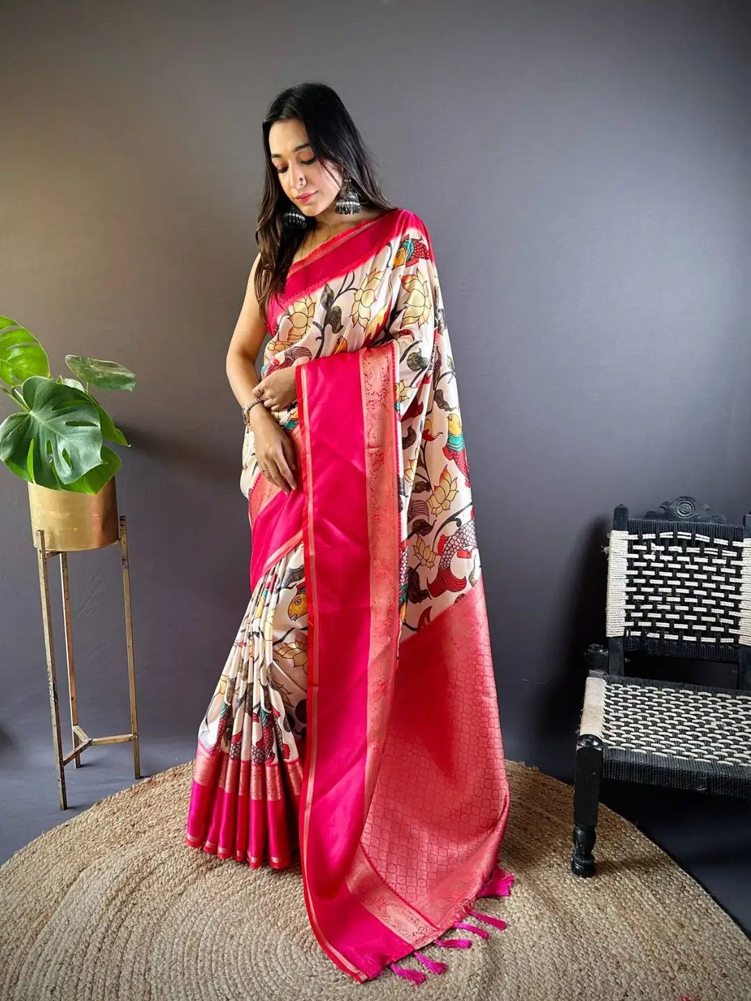 Ivory Silk Symphony Kalmkari Saree by My Store