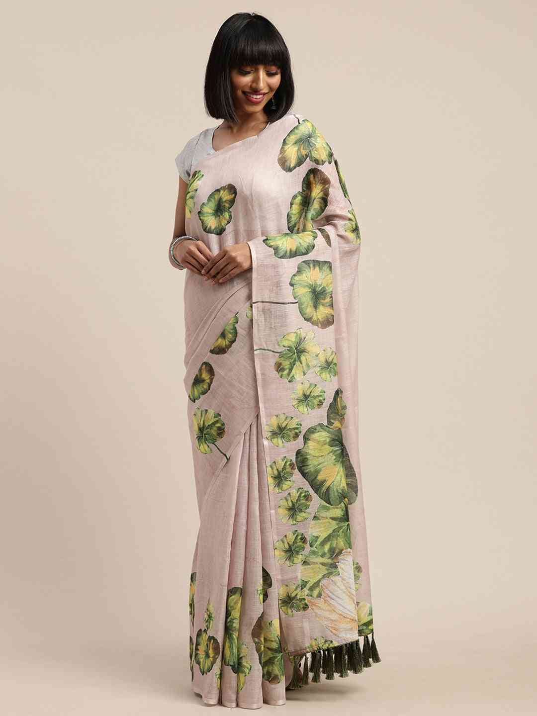 Beautiful Green Colour Linen Botanical Printed Saree