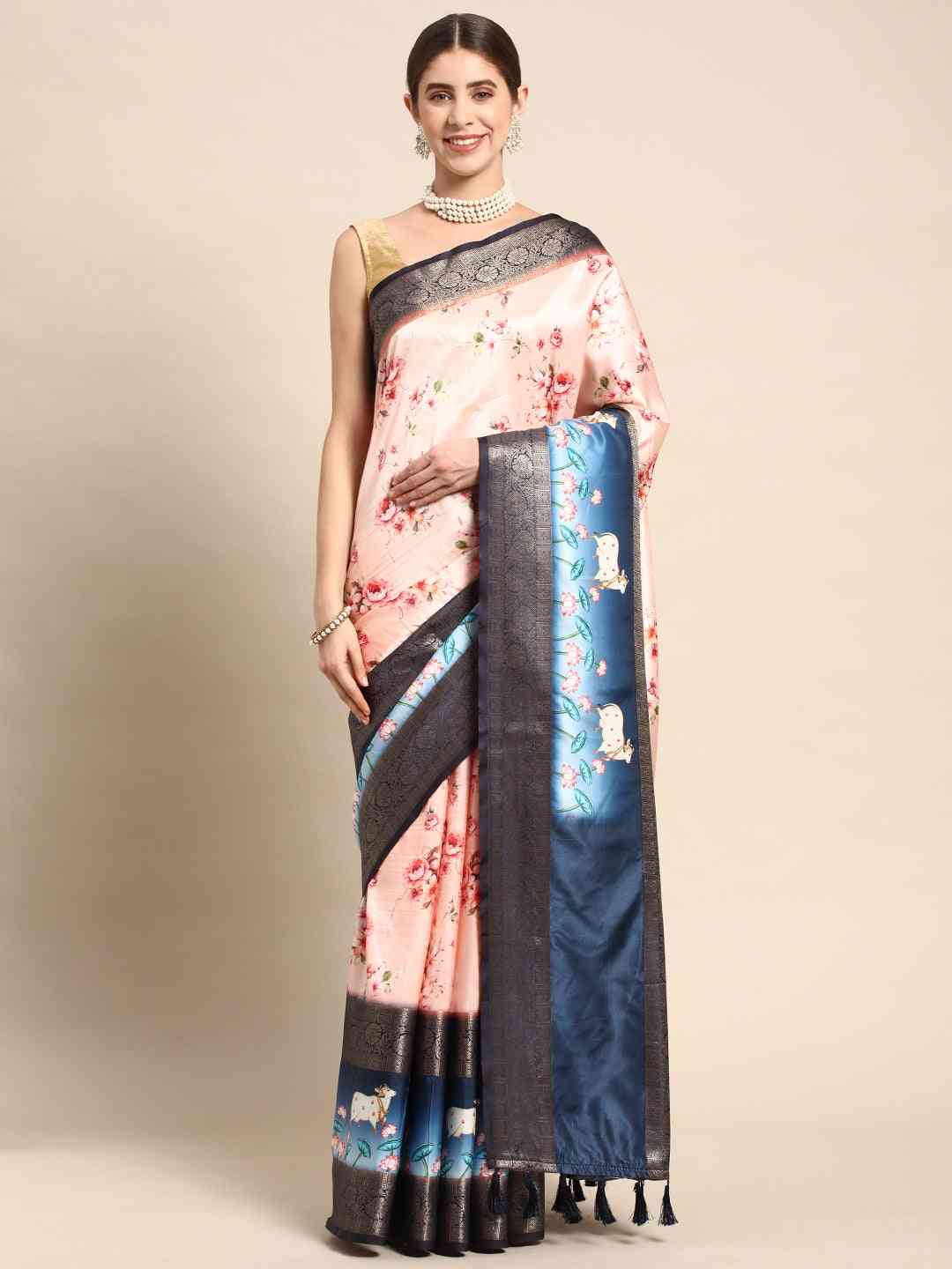 Soft Gadhwal Patti Woven Design Pichwai Print Banarasi Saree by My Store