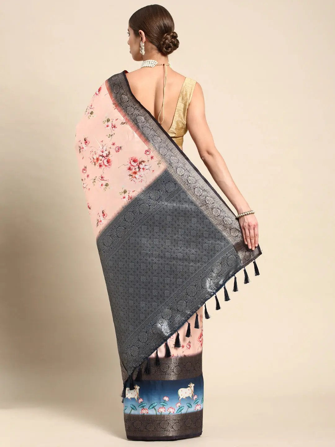Soft Gadhwal Patti Woven Design Pichwai Print Banarasi Saree by My Store