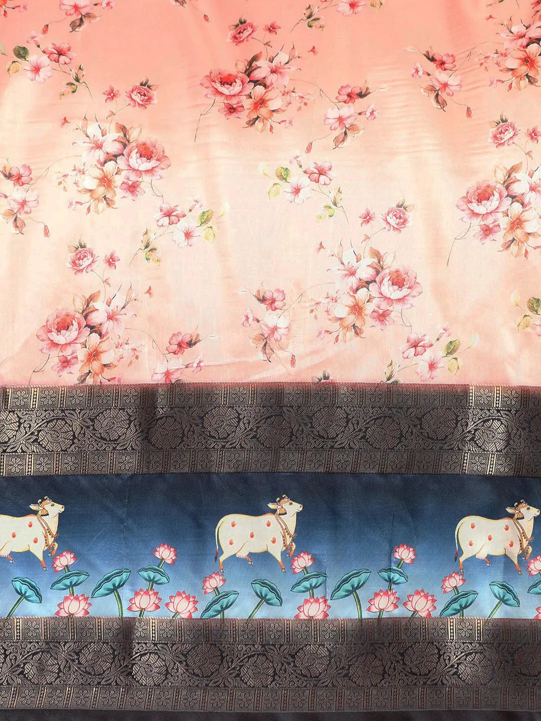 Soft Gadhwal Patti Woven Design Pichwai Print Banarasi Saree by My Store