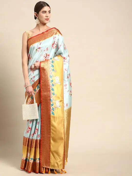 Soft Gadhwal Patti Woven Design Pichwai Print Banarasi Saree by My Store