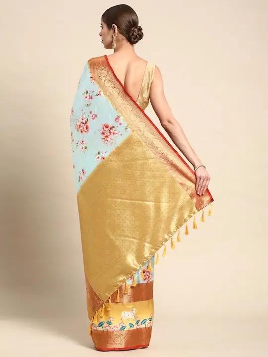 Soft Gadhwal Patti Woven Design Pichwai Print Banarasi Saree by My Store