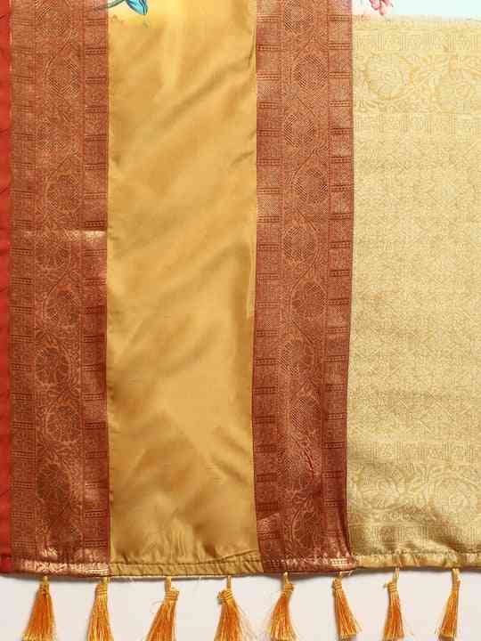 Soft Gadhwal Patti Woven Design Pichwai Print Banarasi Saree by My Store