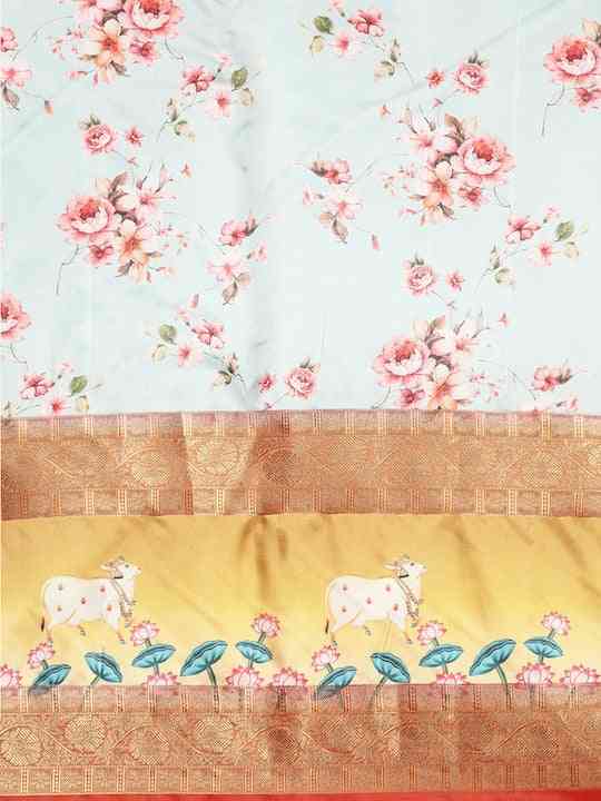 Soft Gadhwal Patti Woven Design Pichwai Print Banarasi Saree by My Store