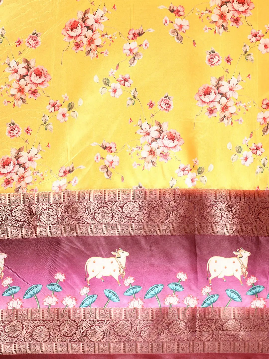 Soft Gadhwal Patti Woven Design Pichwai Print Banarasi Saree by My Store