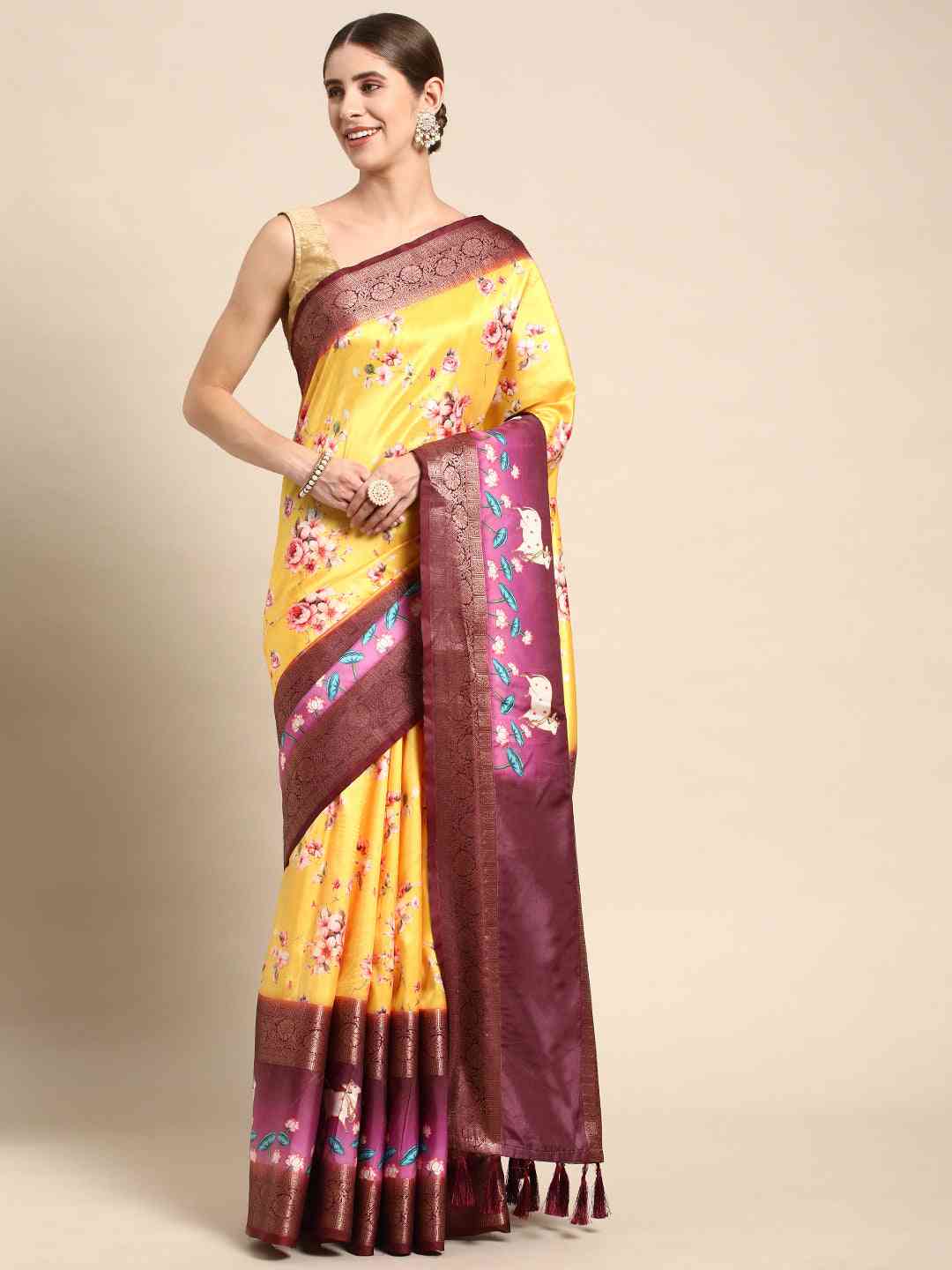 Soft Gadhwal Patti Woven Design Pichwai Print Banarasi Saree by My Store