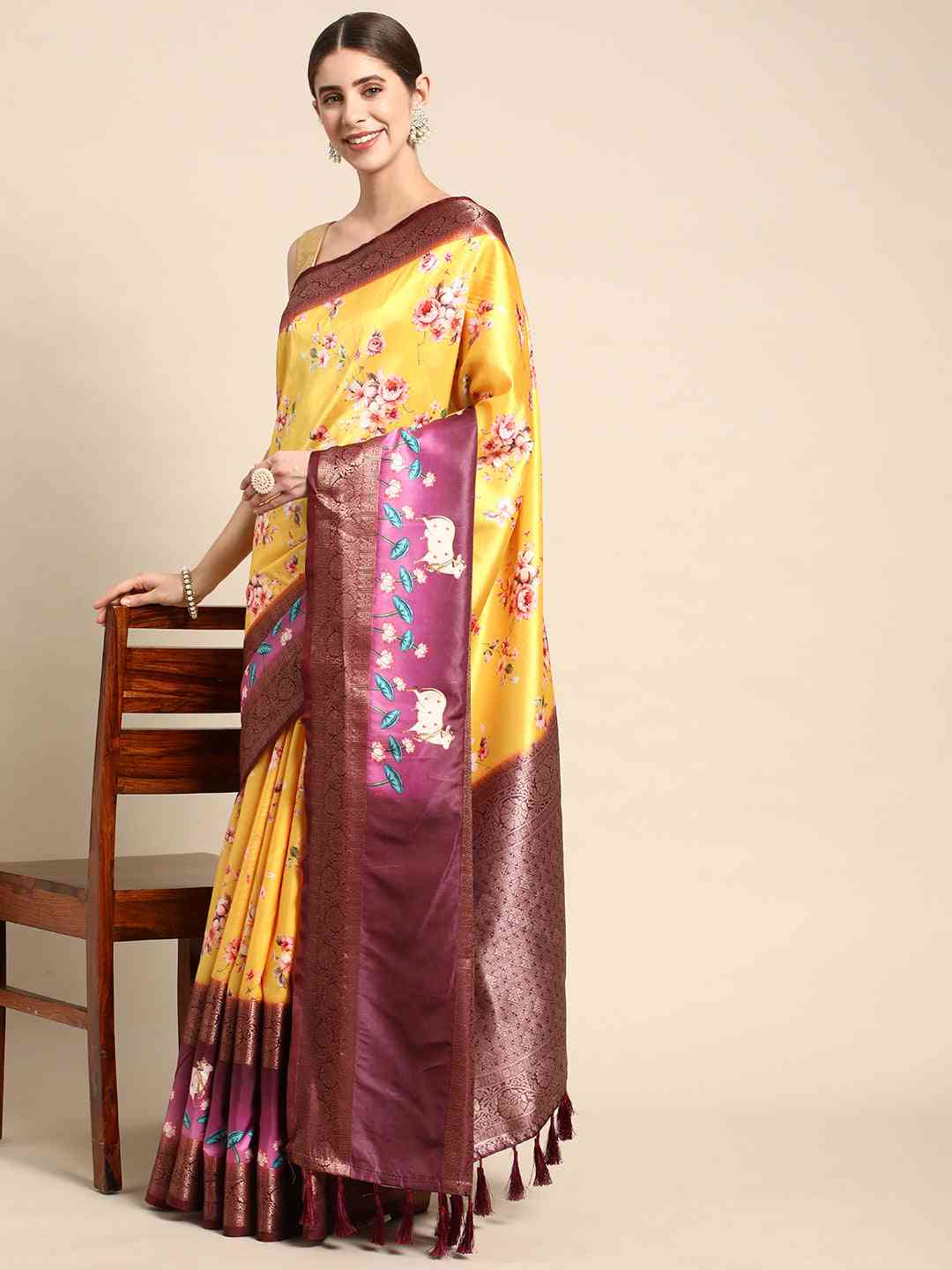 Soft Gadhwal Patti Woven Design Pichwai Print Banarasi Saree by My Store