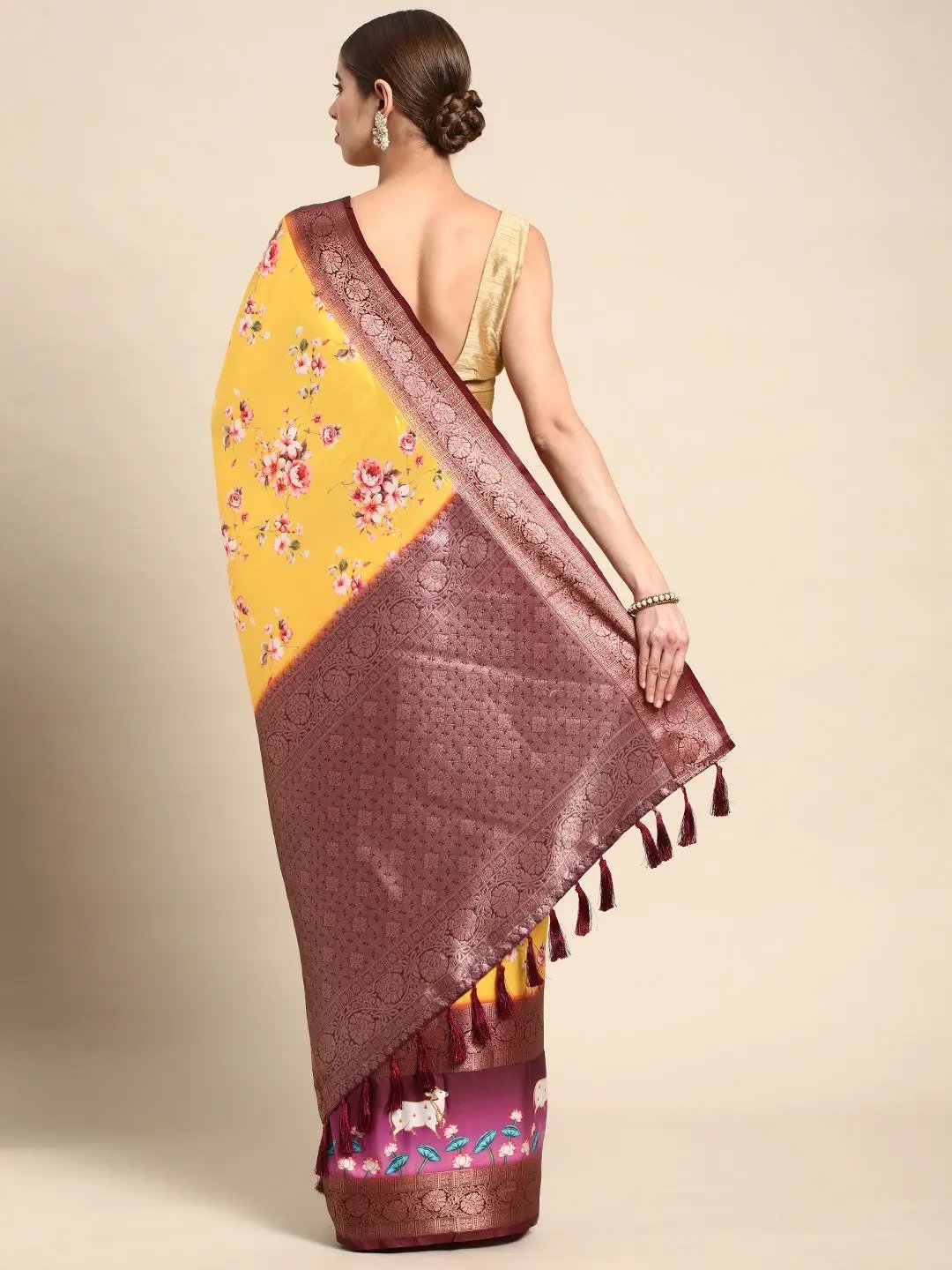Soft Gadhwal Patti Woven Design Pichwai Print Banarasi Saree by My Store