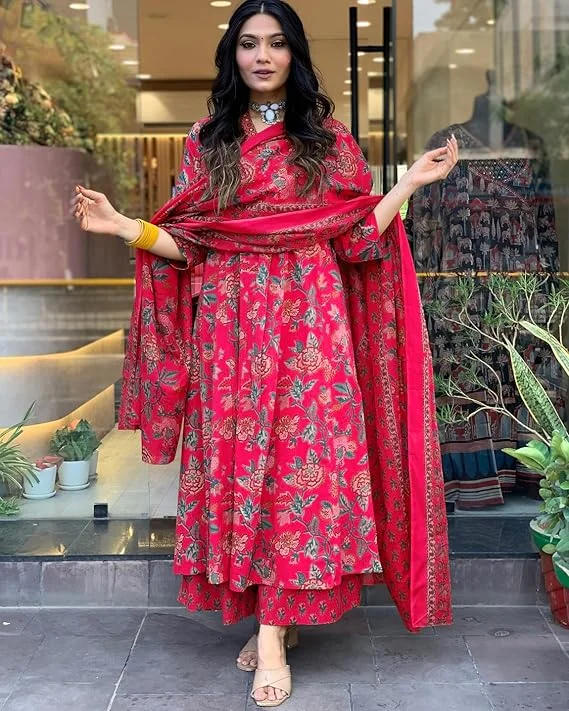 Stylish Red Floral Printed Kurti with Dupatta