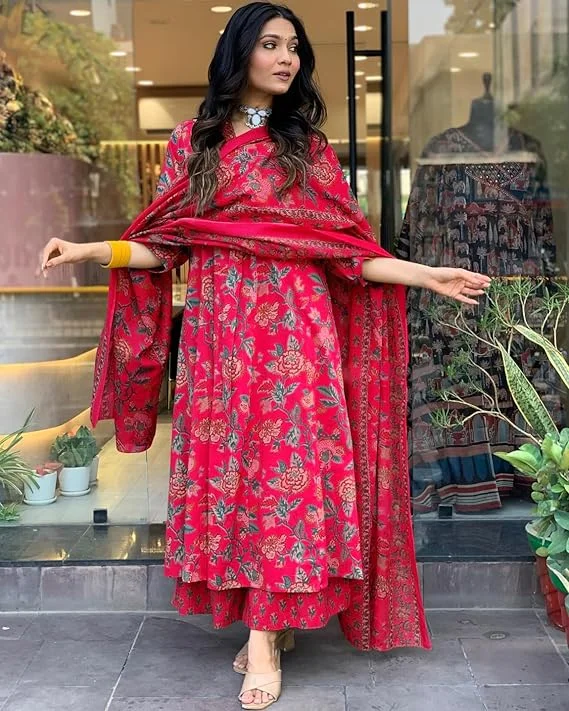 Rosé Radiance – Pink Floral Polyester Kurta Set with Dupatta