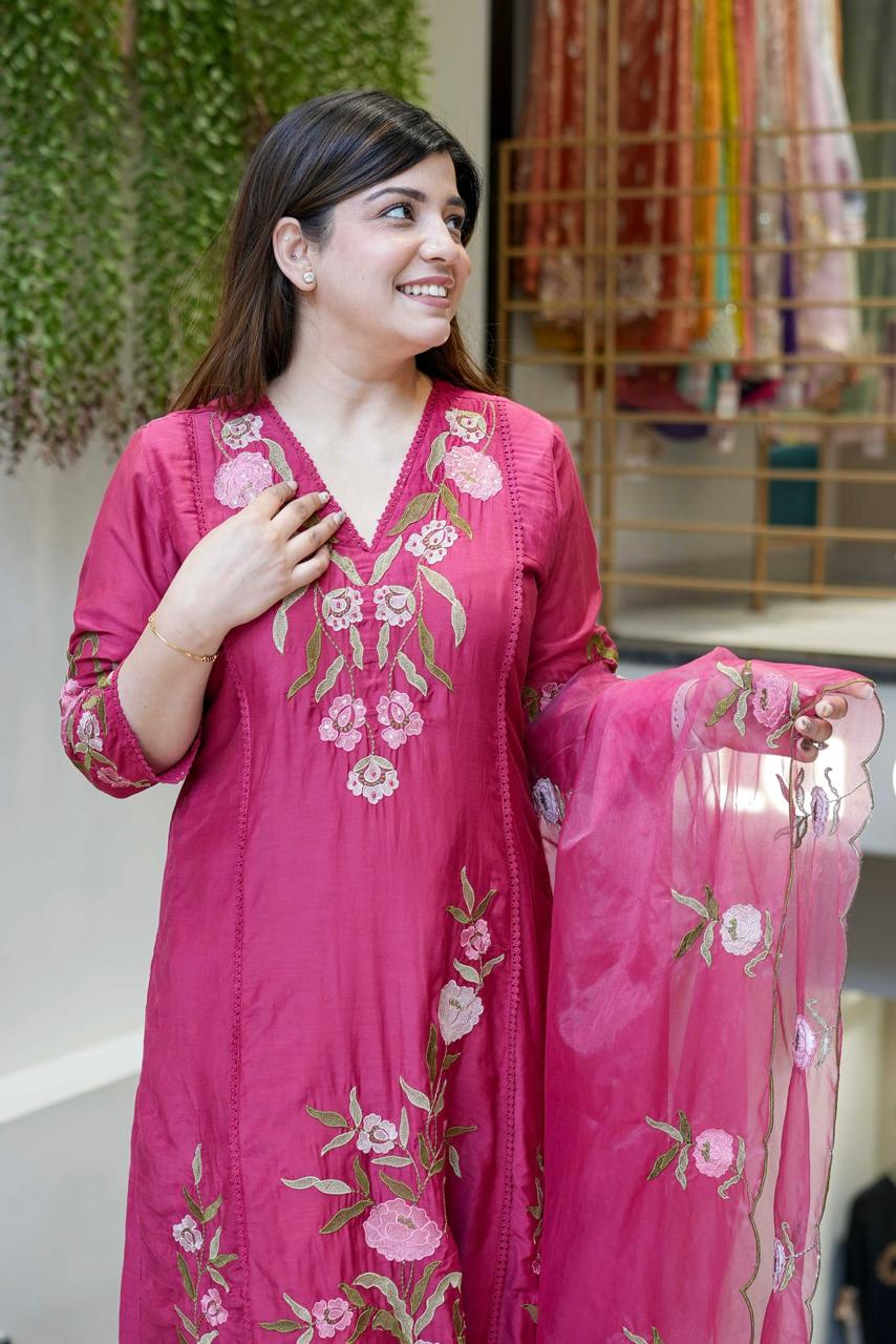 Stylish Pink Floral Embroidered Kurta Set with Dupatta