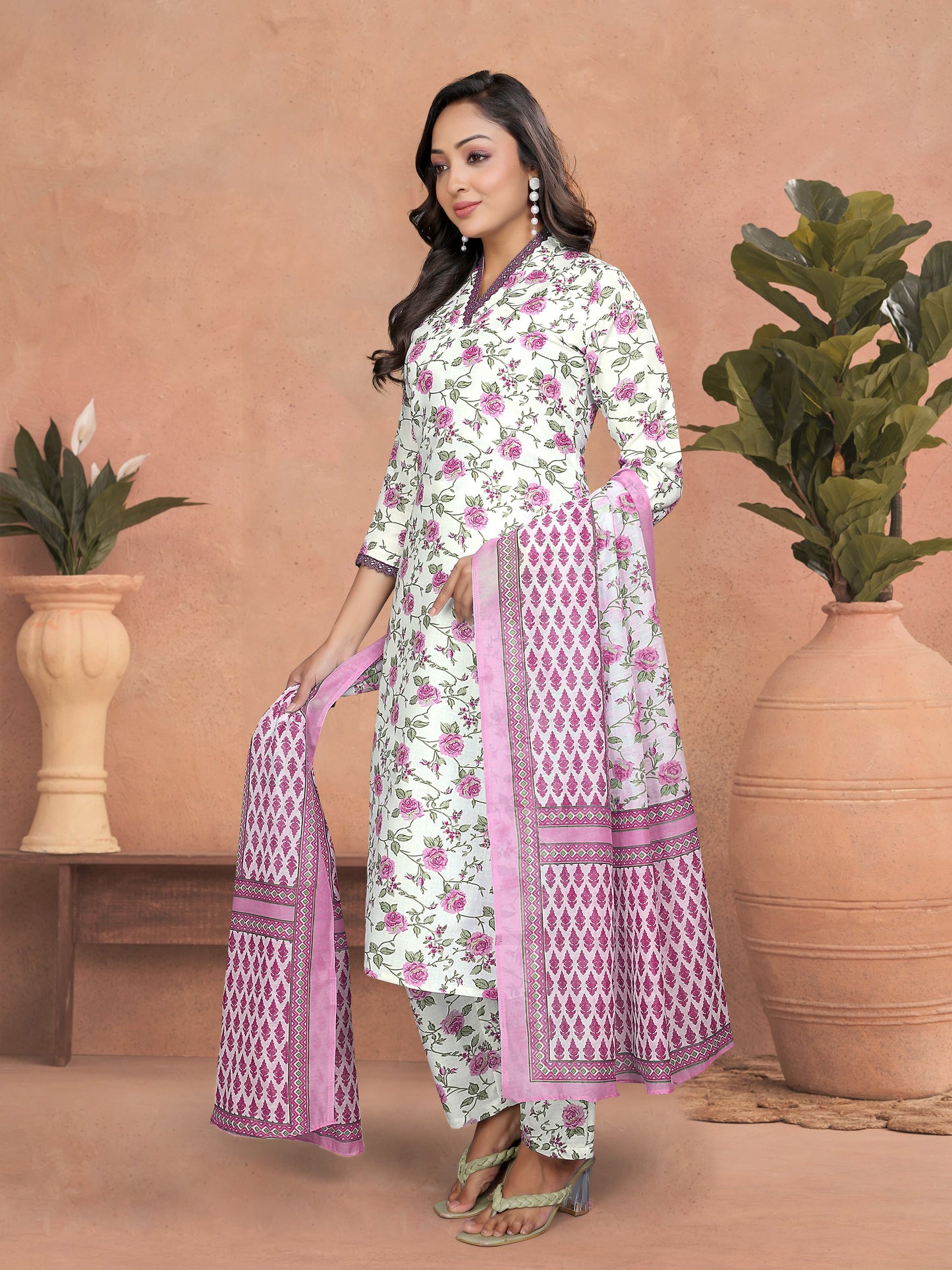 Casual Wear Pink Cotton Kurta Set