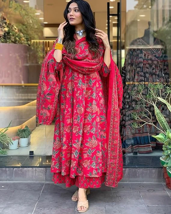 Stylish Red Floral Printed Kurti with Dupatta